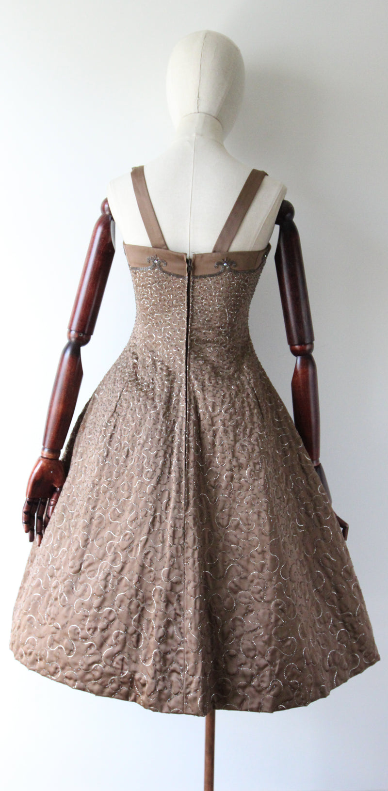 "Swirling Silver Threads & Beadwork" Vintage 1950's Beaded & Embroidered Hooped Satin Cocktail Dress UK 8 US 4