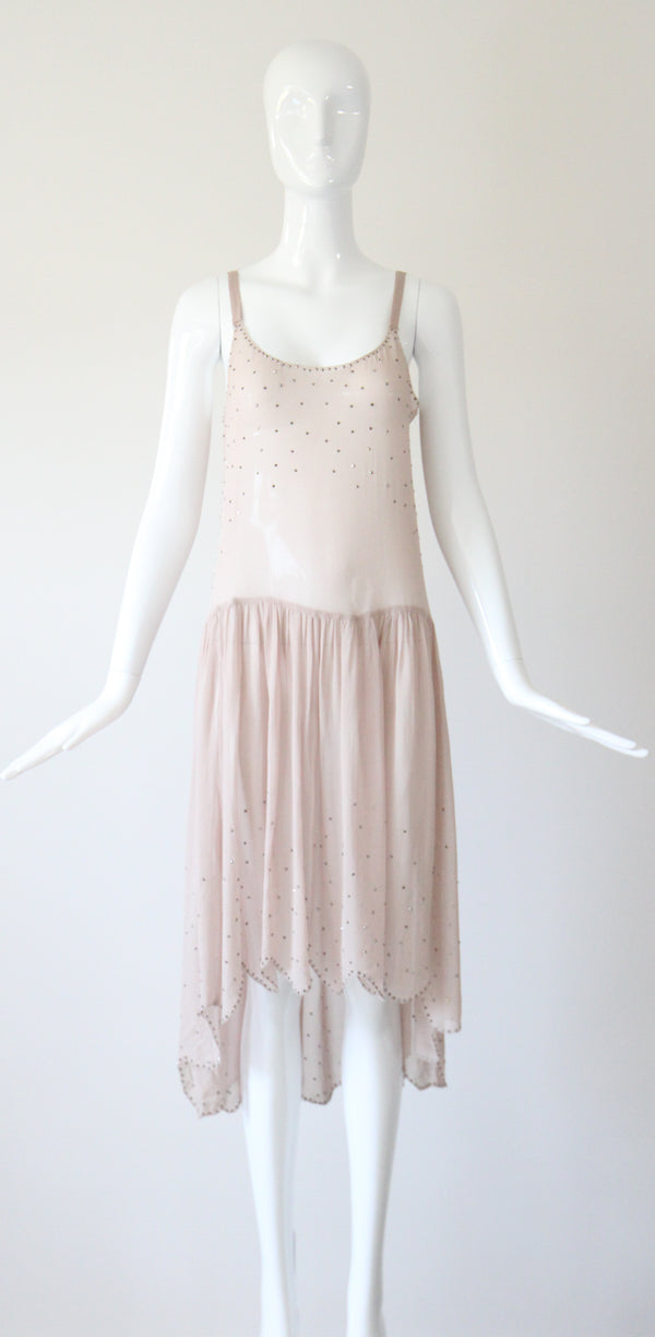 "Blush Rhinestones" Vintage 1920's Blush & Silver Rhinestone Scalloped Dress UK 10 US 6