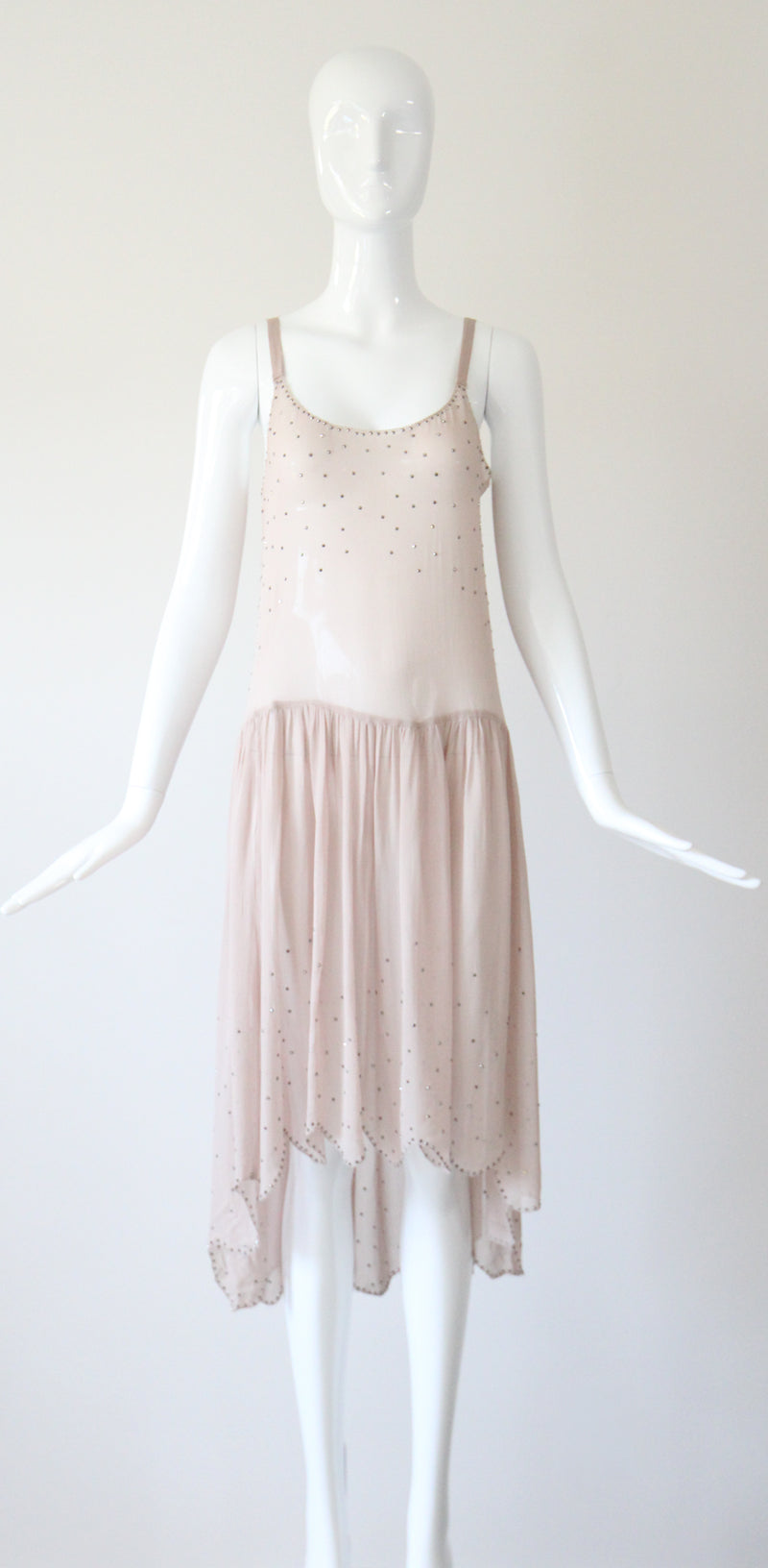 "Blush Rhinestones" Vintage 1920's Blush & Silver Rhinestone Scalloped Dress UK 10 US 6