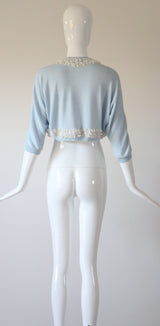 "Lace Edges" Vintage 1950's Blue Lace Embellished Cardigan UK 12 US 8