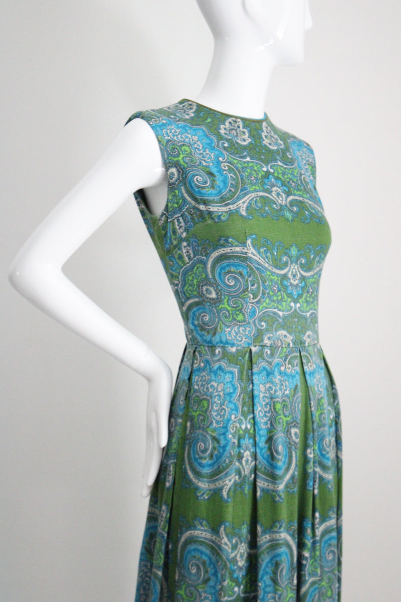 "Aqua Paisley" Vintage 1960's Aqua Paisley Cotton Dress UK 10 US 6