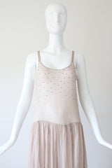 "Blush Rhinestones" Vintage 1920's Blush & Silver Rhinestone Scalloped Dress UK 10 US 6