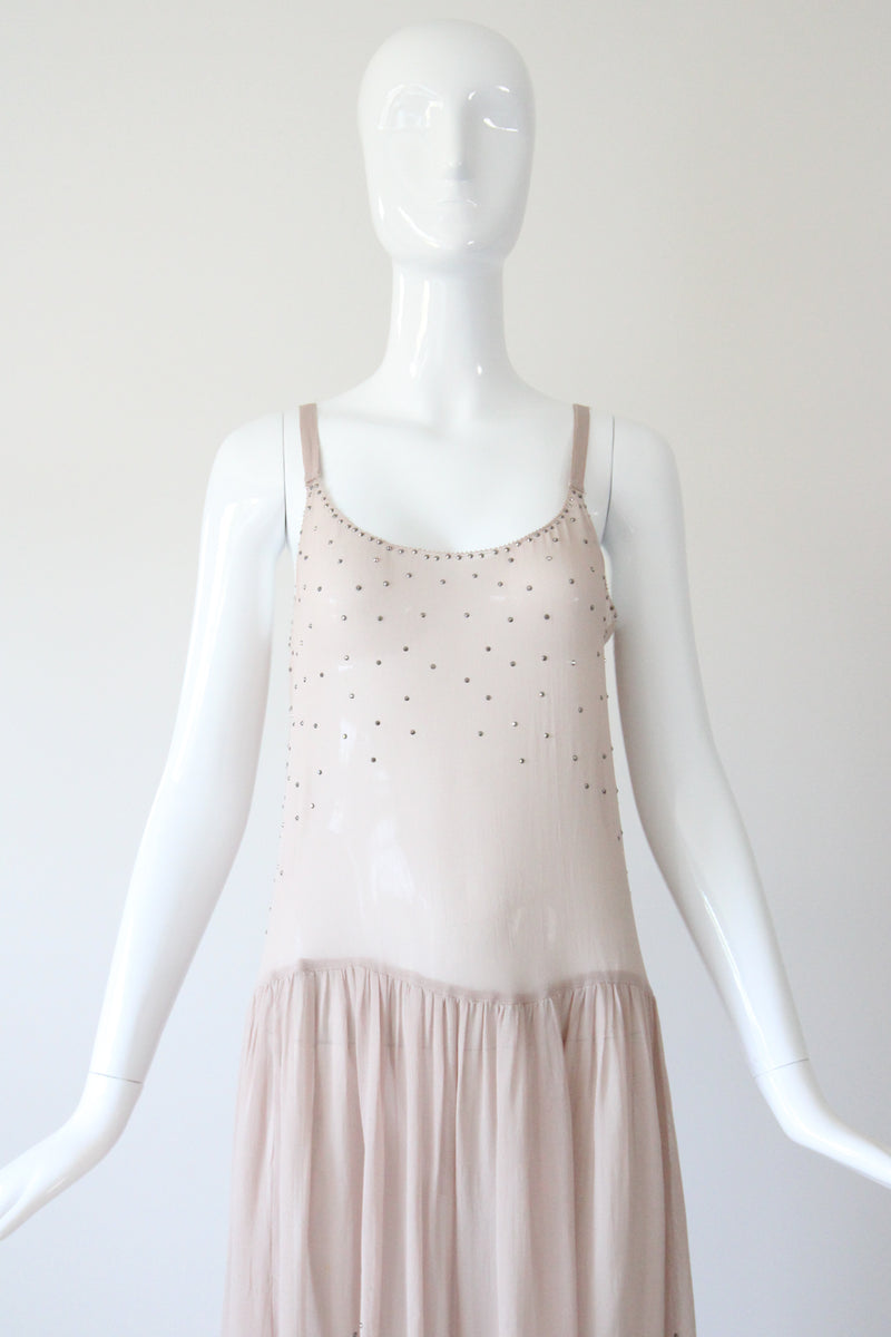 "Blush Rhinestones" Vintage 1920's Blush & Silver Rhinestone Scalloped Dress UK 10 US 6