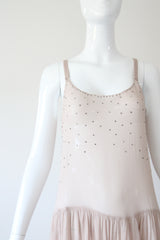 "Blush Rhinestones" Vintage 1920's Blush & Silver Rhinestone Scalloped Dress UK 10 US 6