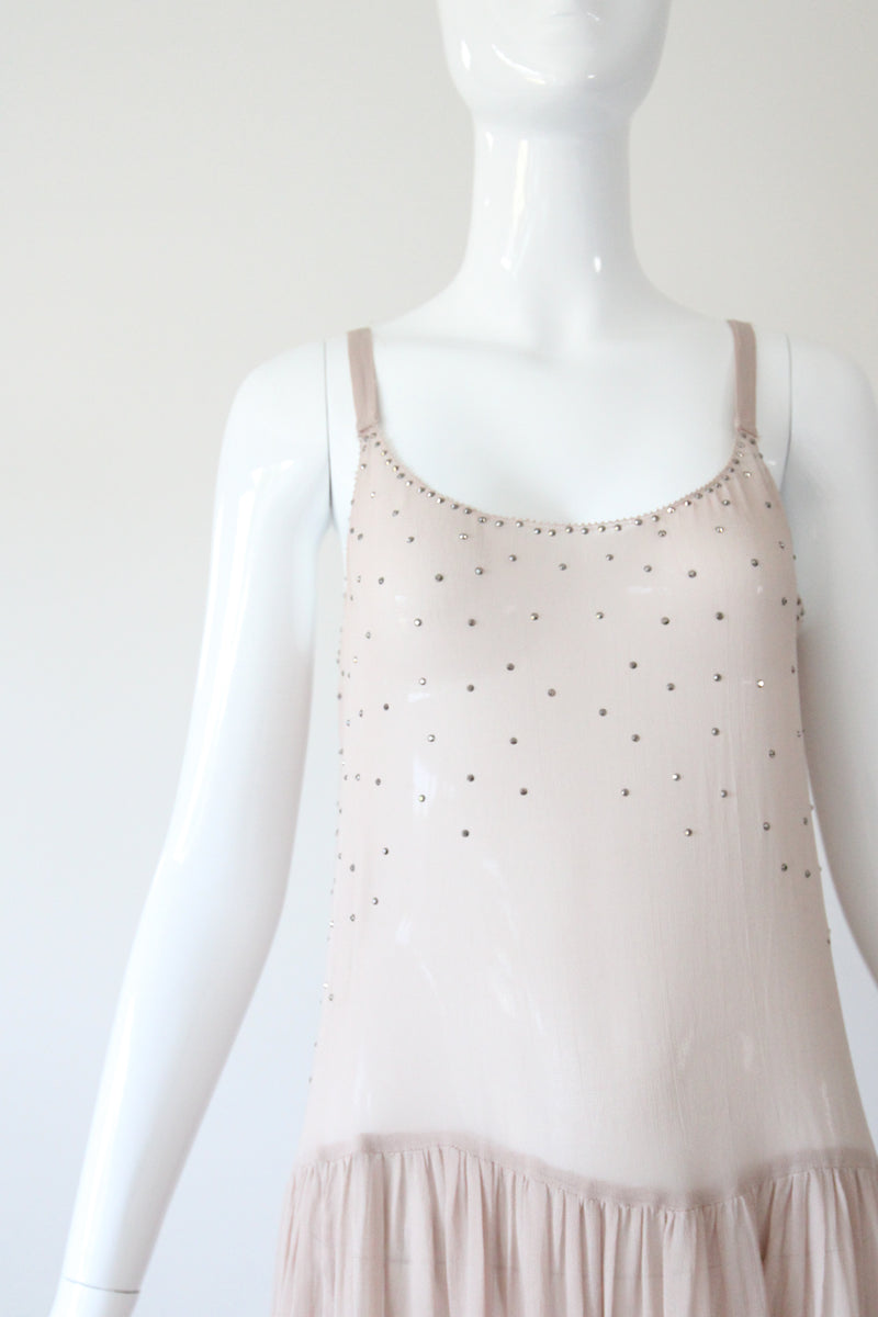 "Blush Rhinestones" Vintage 1920's Blush & Silver Rhinestone Scalloped Dress UK 10 US 6