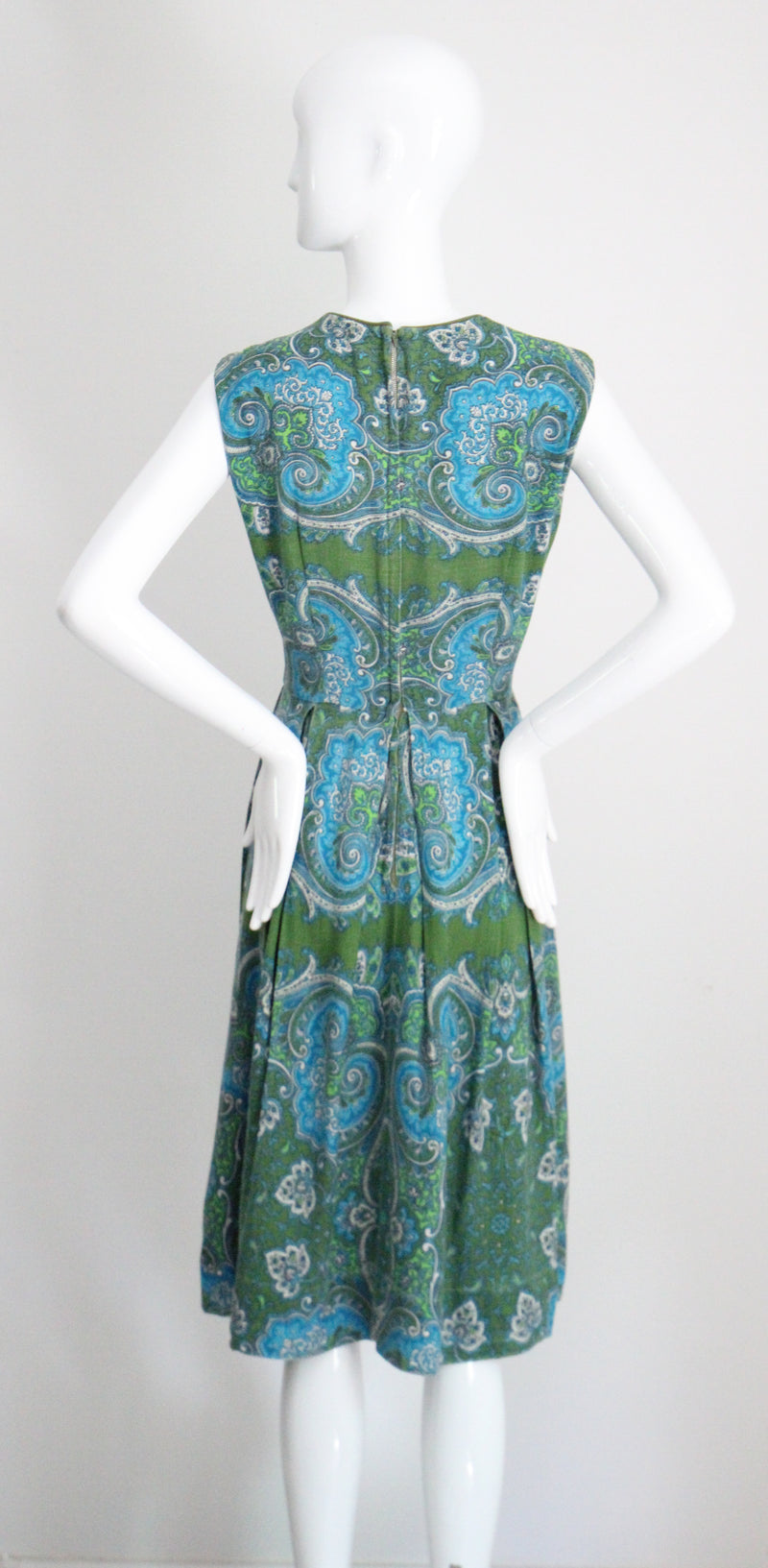 "Aqua Paisley" Vintage 1960's Aqua Paisley Cotton Dress UK 10 US 6
