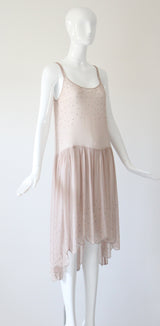 "Blush Rhinestones" Vintage 1920's Blush & Silver Rhinestone Scalloped Dress UK 10 US 6