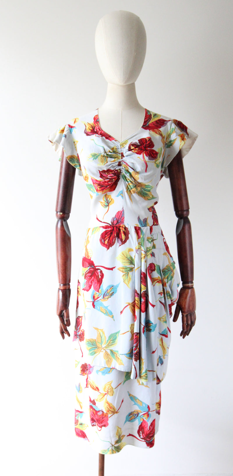 "Fallen Leaves" Vintage 1940's Autumnal Leaf Print Crepe Silk Dress UK 12 US 8