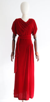"Crimson Night" Vintage 1930's Crimson Red Velvet Evening Dress UK 14 US 10