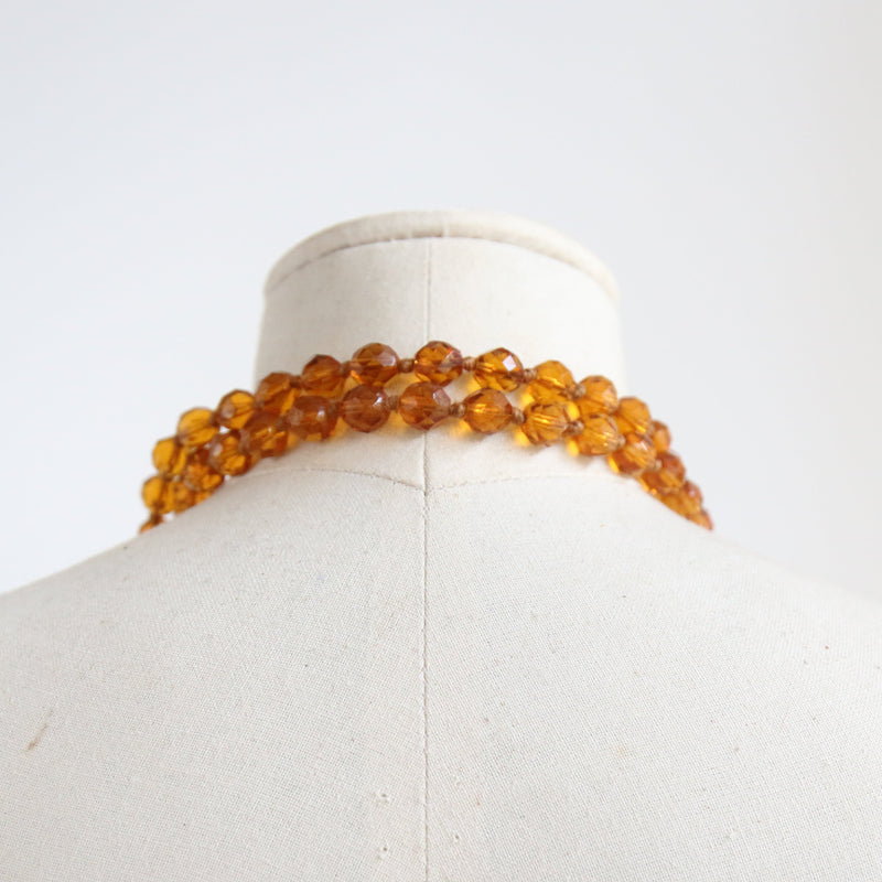 "Amber Glass" Vintage 1920's Hand Knotted Glass Bead Necklace