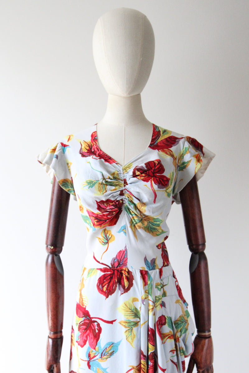 "Fallen Leaves" Vintage 1940's Autumnal Leaf Print Crepe Silk Dress UK 12 US 8