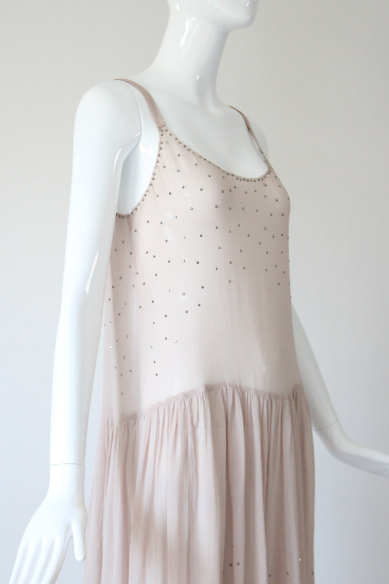 "Blush Rhinestones" Vintage 1920's Blush & Silver Rhinestone Scalloped Dress UK 10 US 6