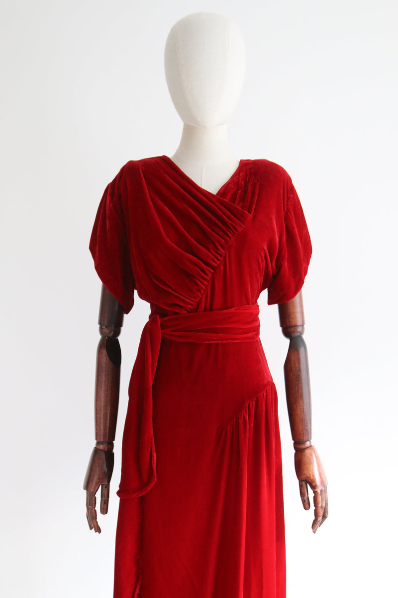 "Crimson Night" Vintage 1930's Crimson Red Velvet Evening Dress UK 14 US 10