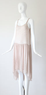 "Blush Rhinestones" Vintage 1920's Blush & Silver Rhinestone Scalloped Dress UK 10 US 6