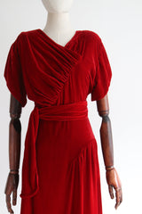 "Crimson Night" Vintage 1930's Crimson Red Velvet Evening Dress UK 14 US 10