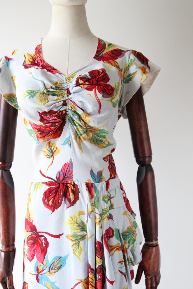 "Fallen Leaves" Vintage 1940's Autumnal Leaf Print Crepe Silk Dress UK 12 US 8