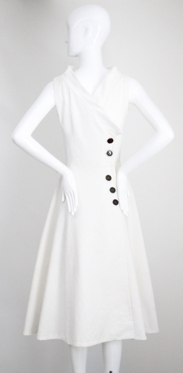 "White Cotton Brocade" Vintage 1950's White Cotton Brocade Cross Over Dress UK 8 US 4
