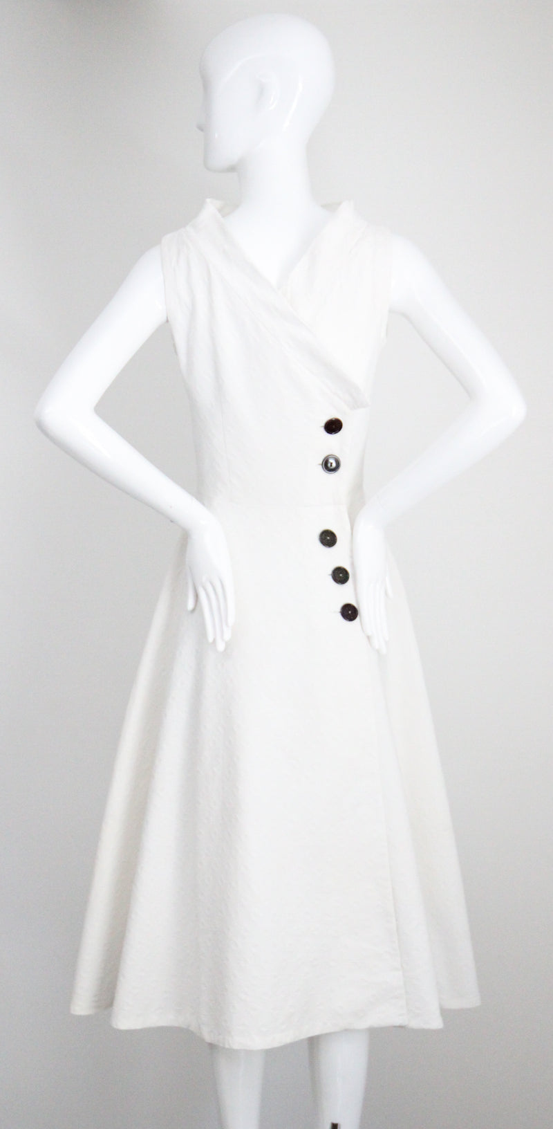 "White Cotton Brocade" Vintage 1950's White Cotton Brocade Cross Over Dress UK 8 US 4