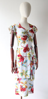 "Fallen Leaves" Vintage 1940's Autumnal Leaf Print Crepe Silk Dress UK 12 US 8