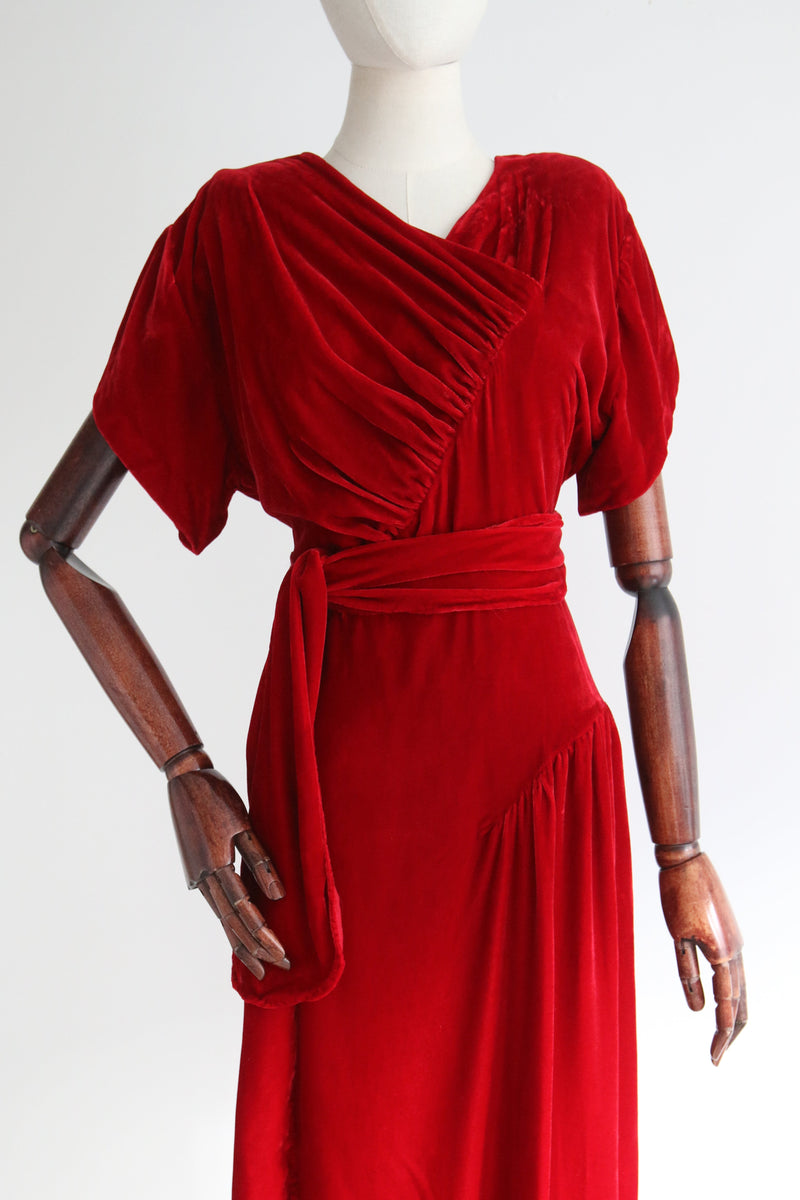"Crimson Night" Vintage 1930's Crimson Red Velvet Evening Dress UK 14 US 10