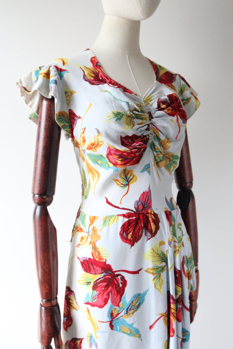 "Fallen Leaves" Vintage 1940's Autumnal Leaf Print Crepe Silk Dress UK 12 US 8