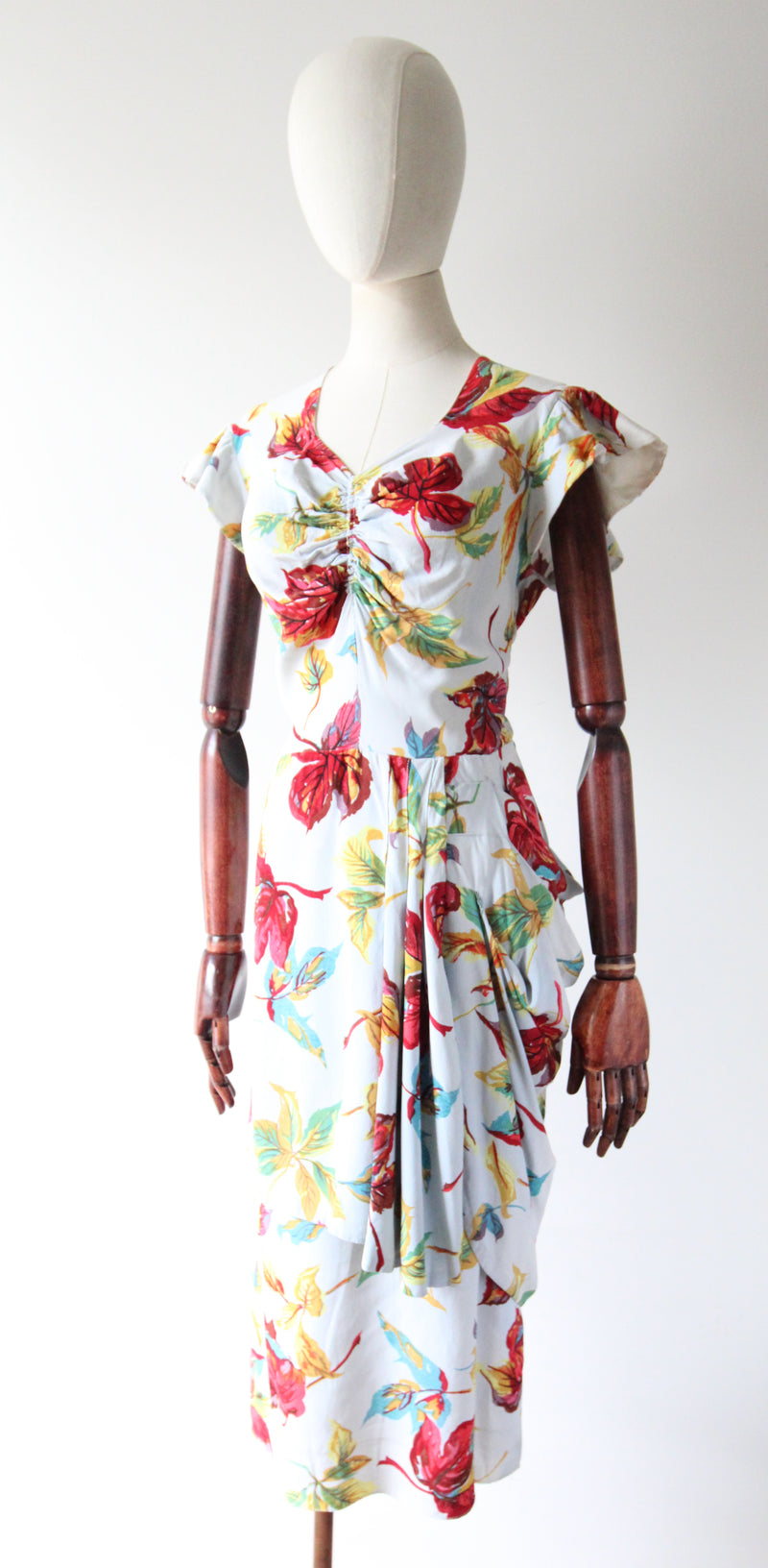 "Fallen Leaves" Vintage 1940's Autumnal Leaf Print Crepe Silk Dress UK 12 US 8