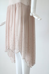 "Blush Rhinestones" Vintage 1920's Blush & Silver Rhinestone Scalloped Dress UK 10 US 6
