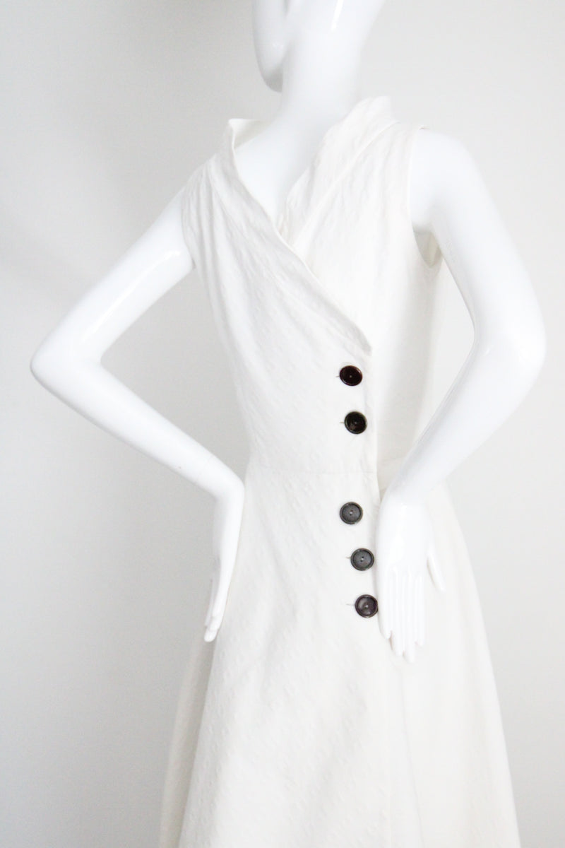 "White Cotton Brocade" Vintage 1950's White Cotton Brocade Cross Over Dress UK 8 US 4