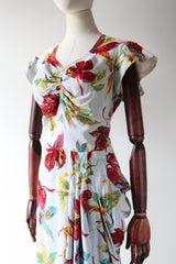 "Fallen Leaves" Vintage 1940's Autumnal Leaf Print Crepe Silk Dress UK 12 US 8