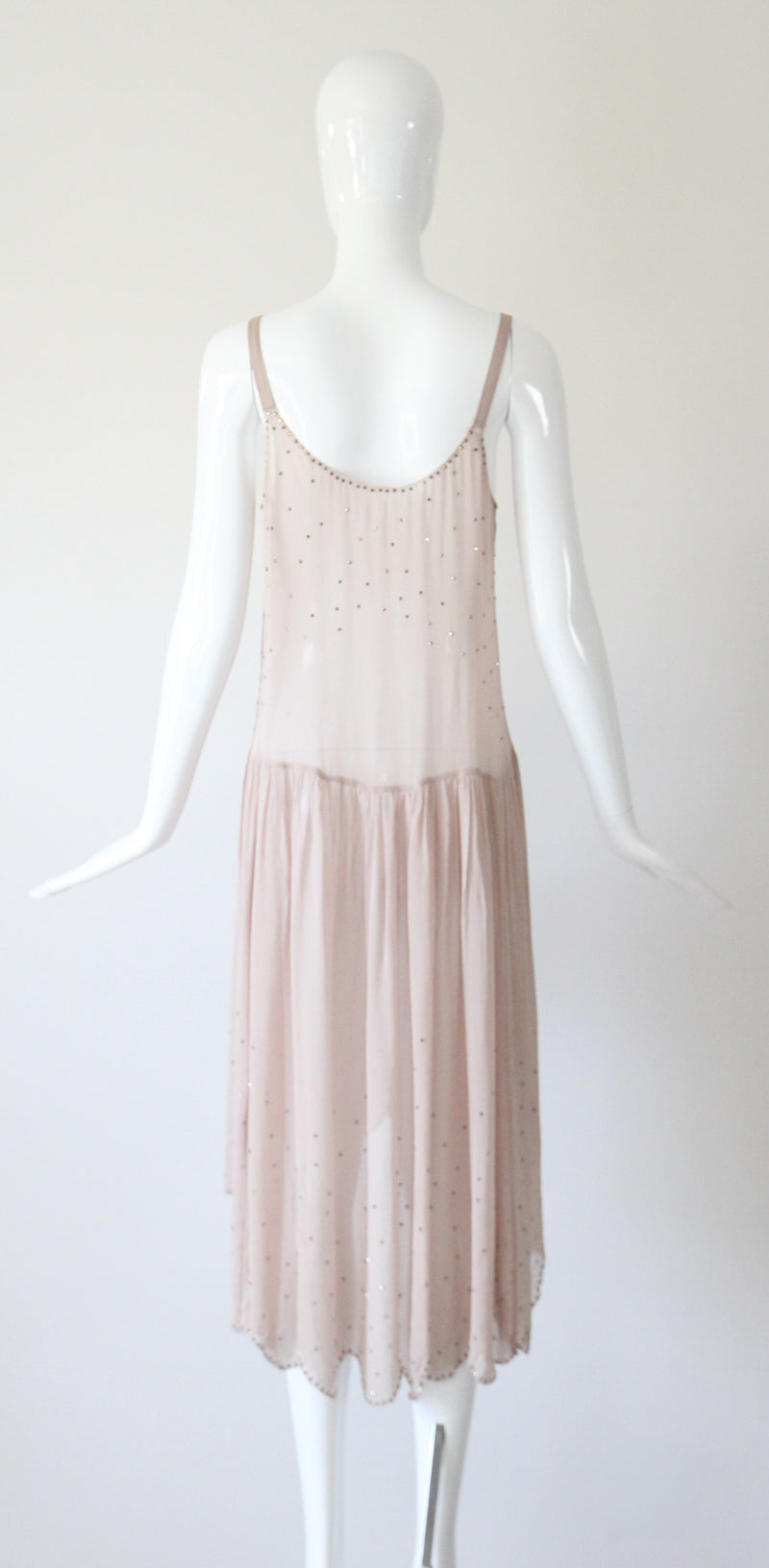 "Blush Rhinestones" Vintage 1920's Blush & Silver Rhinestone Scalloped Dress UK 10 US 6