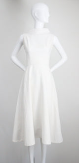 "White Cotton Brocade" Vintage 1950's White Cotton Brocade Cross Over Dress UK 8 US 4