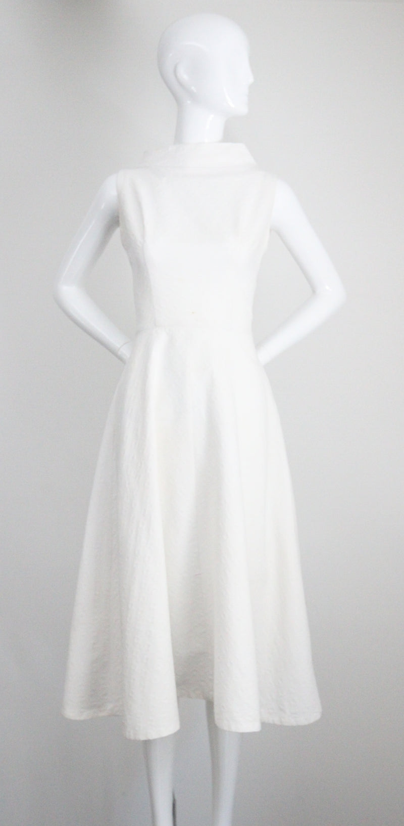 "White Cotton Brocade" Vintage 1950's White Cotton Brocade Cross Over Dress UK 8 US 4
