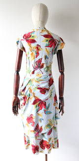 "Fallen Leaves" Vintage 1940's Autumnal Leaf Print Crepe Silk Dress UK 12 US 8