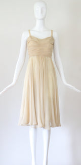 "Cream Chiffon Pleats" Vintage 1930's Cream Silk Chiffon Dress UK 8 US 4