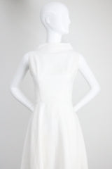 "White Cotton Brocade" Vintage 1950's White Cotton Brocade Cross Over Dress UK 8 US 4