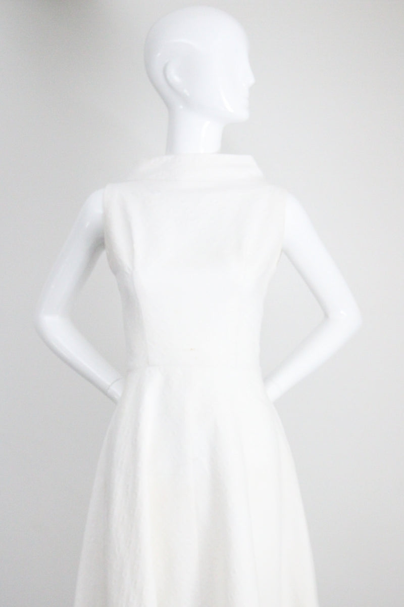 "White Cotton Brocade" Vintage 1950's White Cotton Brocade Cross Over Dress UK 8 US 4