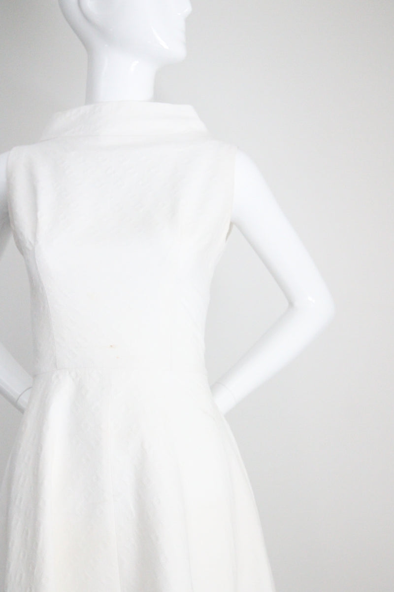 "White Cotton Brocade" Vintage 1950's White Cotton Brocade Cross Over Dress UK 8 US 4