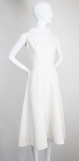 "White Cotton Brocade" Vintage 1950's White Cotton Brocade Cross Over Dress UK 8 US 4