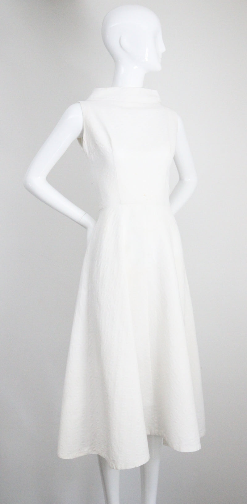 "White Cotton Brocade" Vintage 1950's White Cotton Brocade Cross Over Dress UK 8 US 4