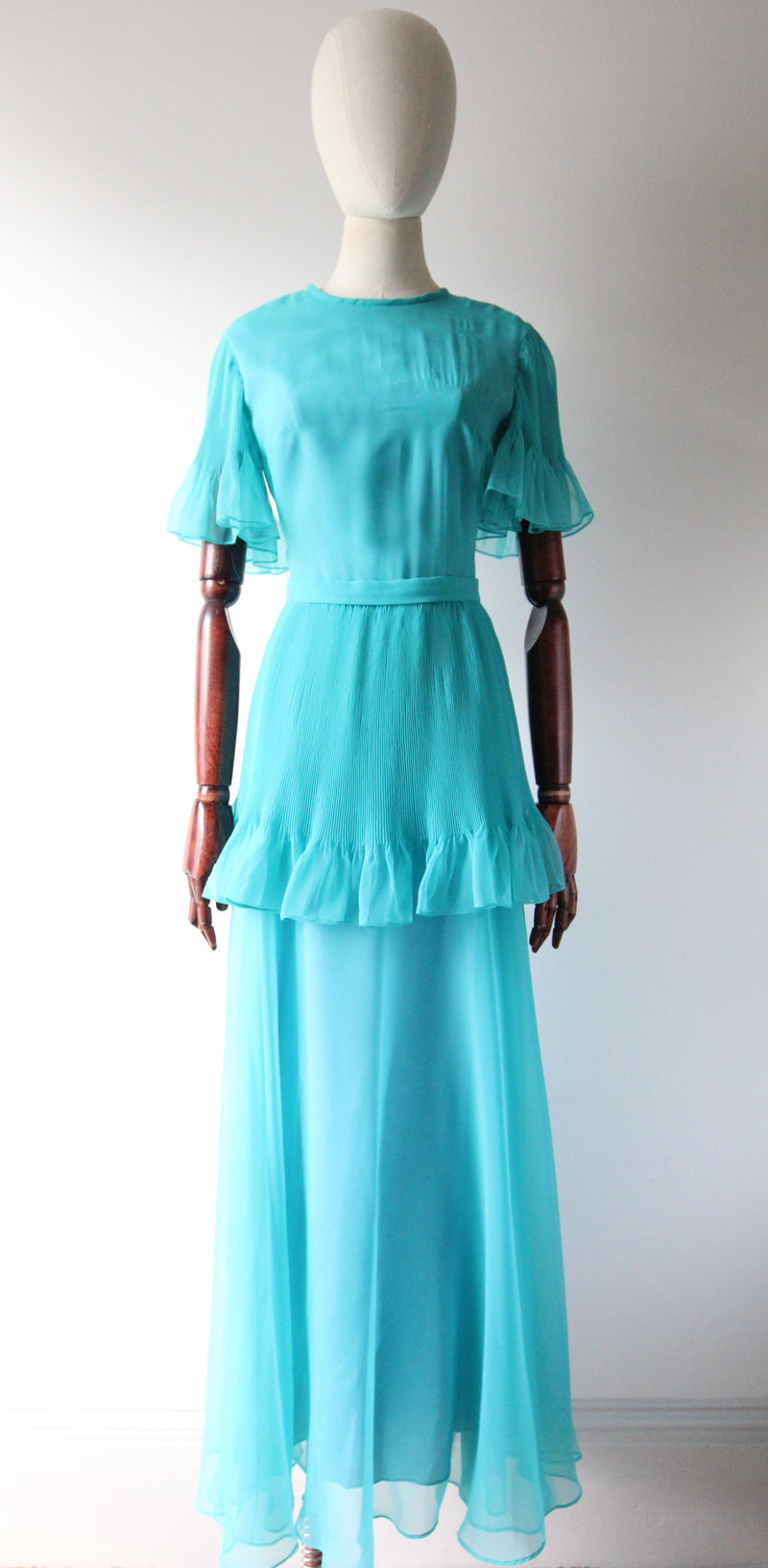 "Turquoise Pleats" Vintage 1960's Turquoise Tiered Pleated Dress UK 8-10 US 4-6