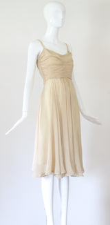 "Cream Chiffon Pleats" Vintage 1930's Cream Silk Chiffon Dress UK 8 US 4