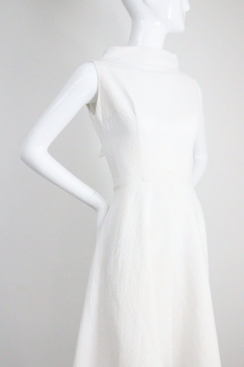 "White Cotton Brocade" Vintage 1950's White Cotton Brocade Cross Over Dress UK 8 US 4