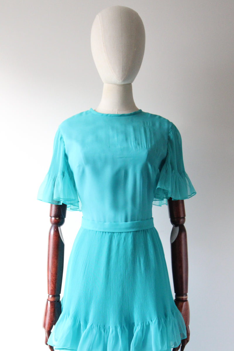 "Turquoise Pleats" Vintage 1960's Turquoise Tiered Pleated Dress UK 8-10 US 4-6