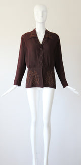 "Bronze Soutache Beadwork" Vintage 1940's Bitter Chocolate Brown Crepe Silk Jacket UK 14 US 10
