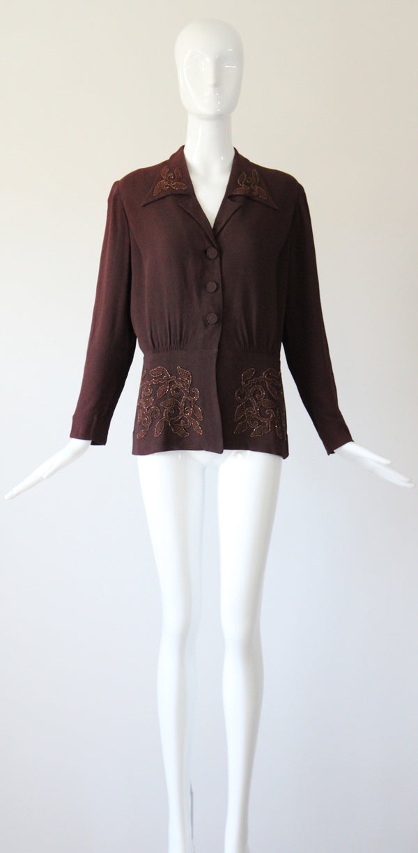 "Bronze Soutache Beadwork" Vintage 1940's Bitter Chocolate Brown Crepe Silk Jacket UK 14 US 10