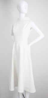 "White Cotton Brocade" Vintage 1950's White Cotton Brocade Cross Over Dress UK 8 US 4