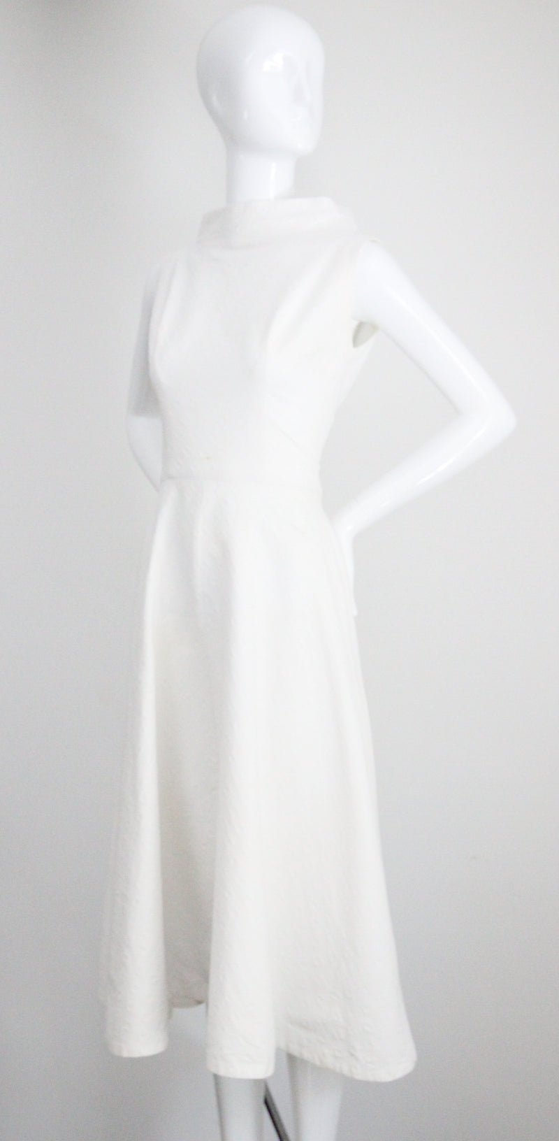 "White Cotton Brocade" Vintage 1950's White Cotton Brocade Cross Over Dress UK 8 US 4