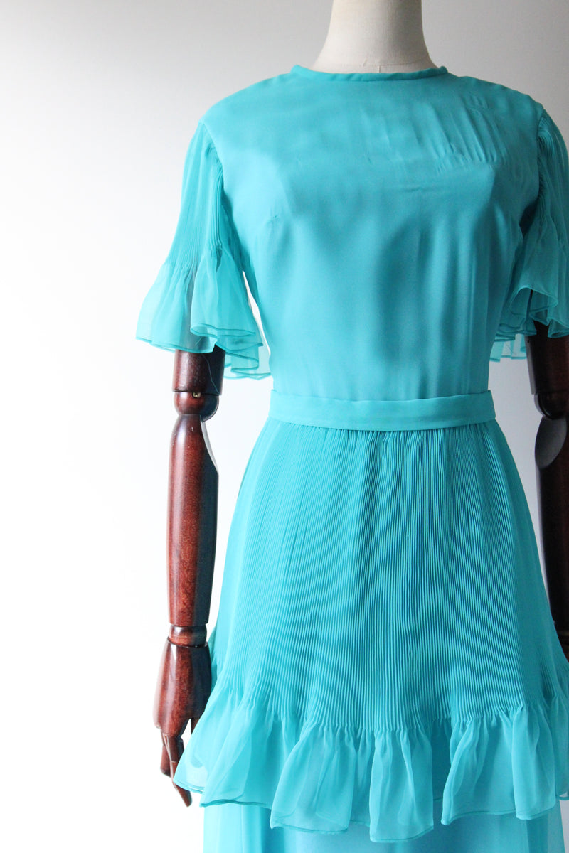 "Turquoise Pleats" Vintage 1960's Turquoise Tiered Pleated Dress UK 8-10 US 4-6