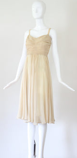 "Cream Chiffon Pleats" Vintage 1930's Cream Silk Chiffon Dress UK 8 US 4