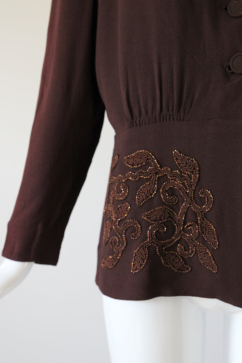 "Bronze Soutache Beadwork" Vintage 1940's Bitter Chocolate Brown Crepe Silk Jacket UK 14 US 10